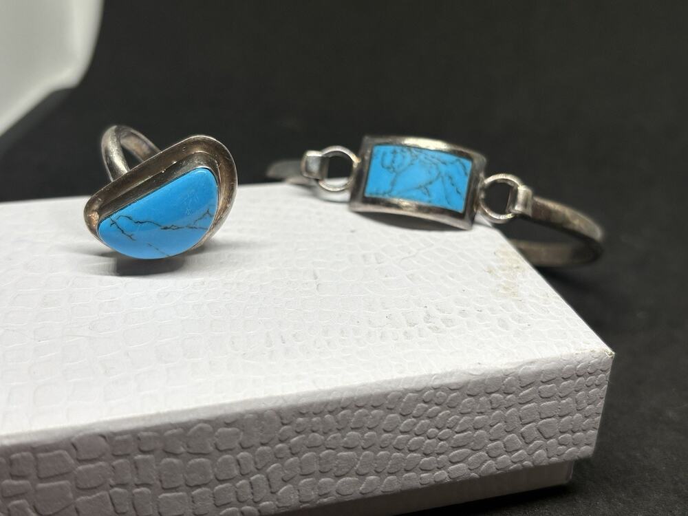 Vtg Mexico Sterling TR277 Silver 925 Turquoise Ring & Bangle Bracelet Set 26.6g